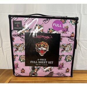 Ed Hardy Full Size 6-Piece Sheet Set Purple Tattoo Flash NEW